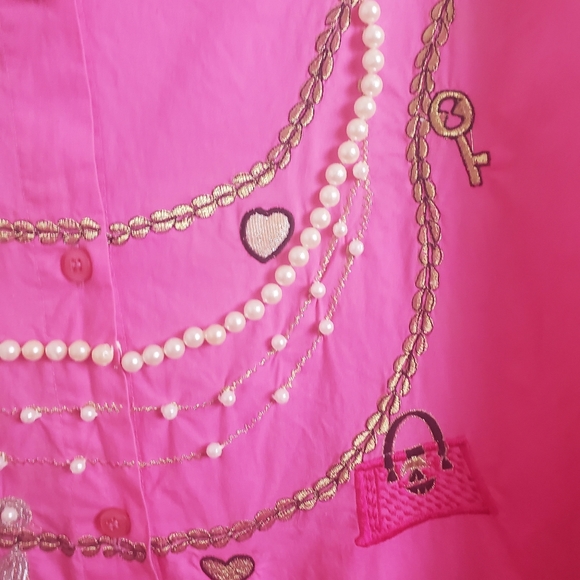 Pink Button Down Blouse with necklaces & beaded embellishments - Picture 7 of 17